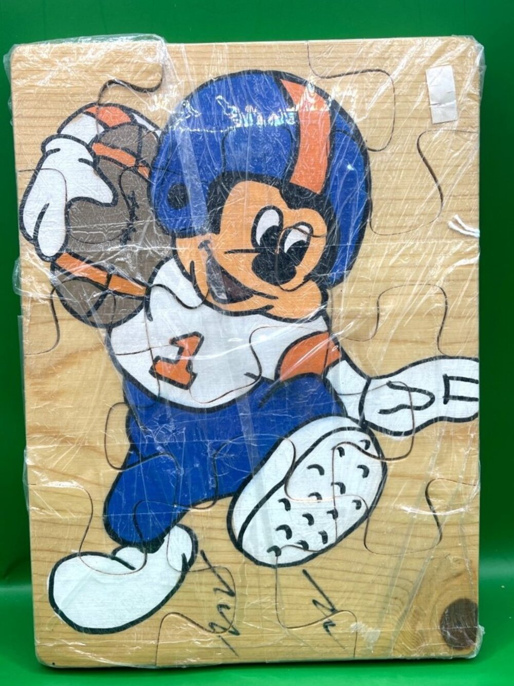 VTG Handmade Disney Mickey Mouse Football Wooden Chunky Puzzle 12 Pc Preschool